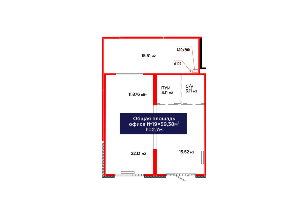 Планировка помещения 59 м² в ЖК «Jetisu.Aspan»
