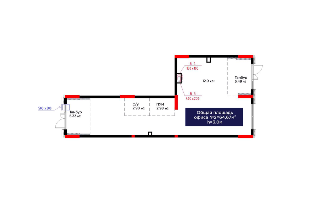 Планировка помещения 65 м² в ЖК «Riverland»
